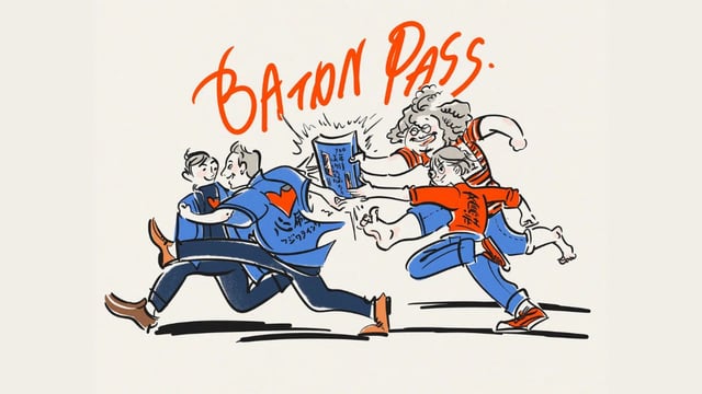 「BATON PASS.」藤原印刷の70年の歴史を、本を手渡すイラストで表現した扉絵