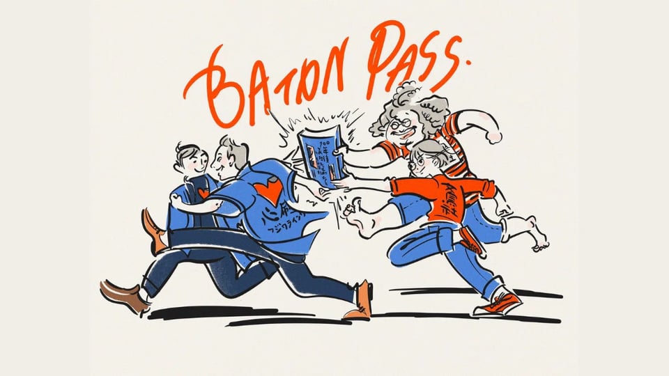 「BATON PASS.」藤原印刷の70年の歴史を、本を手渡すイラストで表現した扉絵