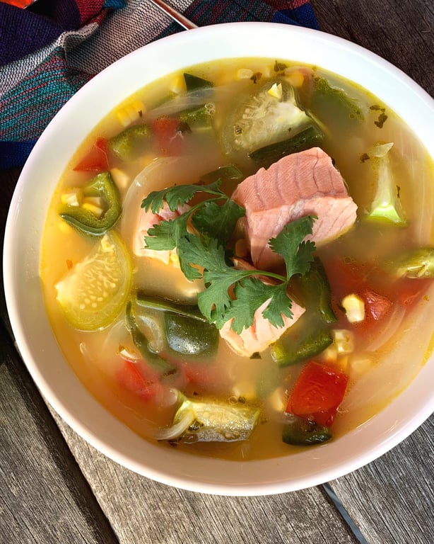 Jerk Salmon in Tomatillo Avocado Soup