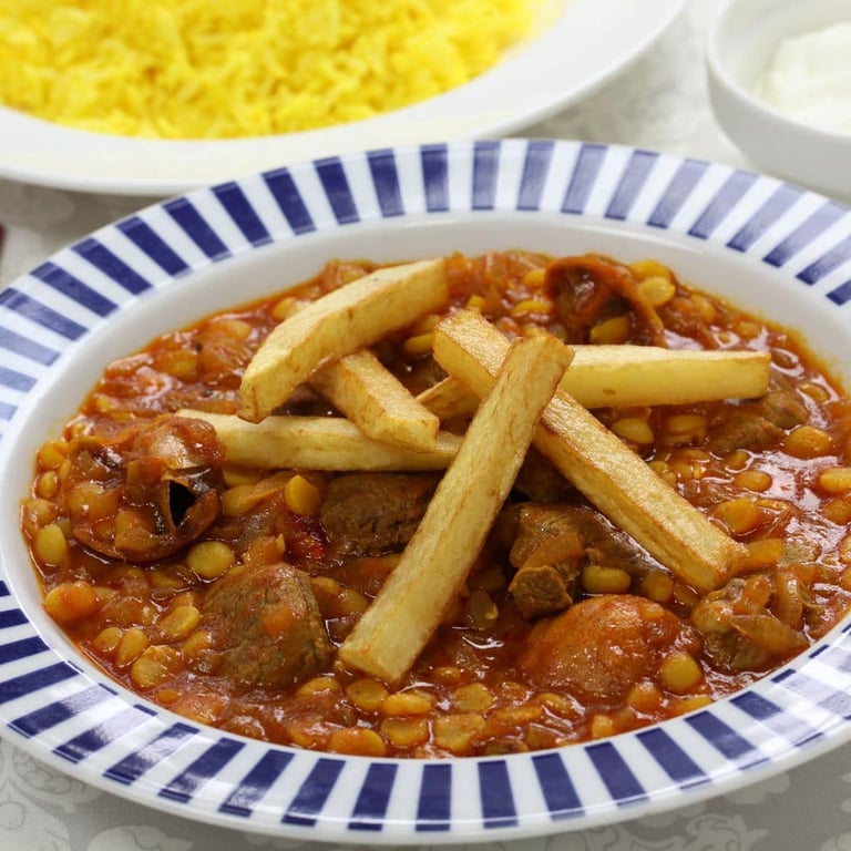 Gheimeh (Persian red lentil curry+choice protein)