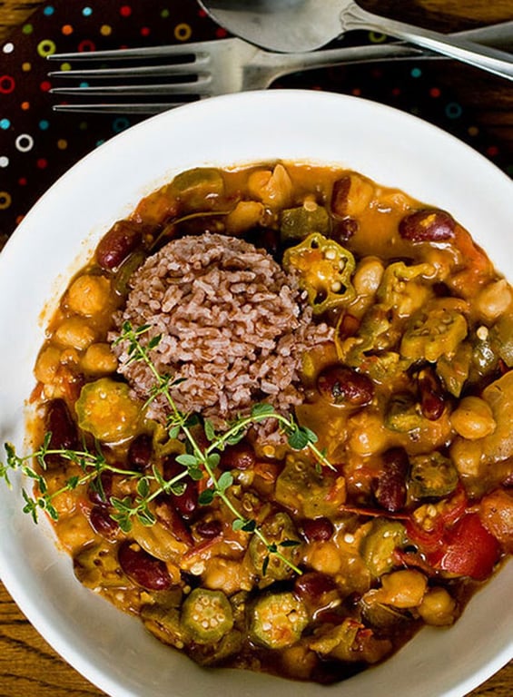 Vegan Gumbo (White beans, chickpeas, mushrooms)