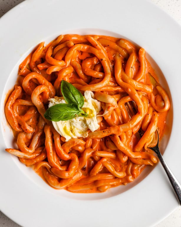 Handmade pasta with tomato cream sauce