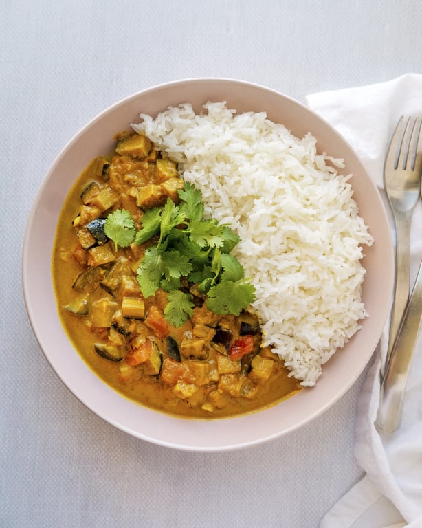 Eggplant curry with coconut rice