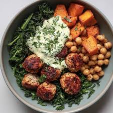 Chicken meatball bowl with jalepeno yogurt sauce