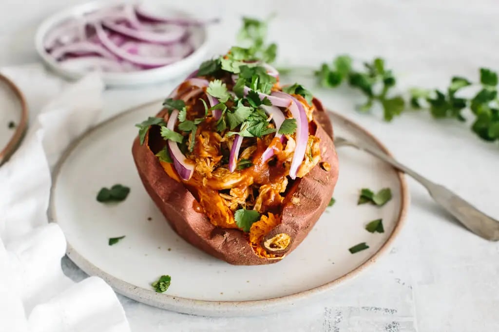 Shredded chicken stuffed sweet potato
