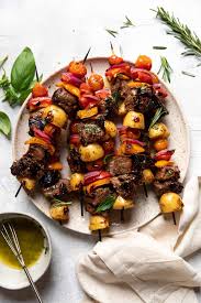 Steak kabobs with onion and peppers