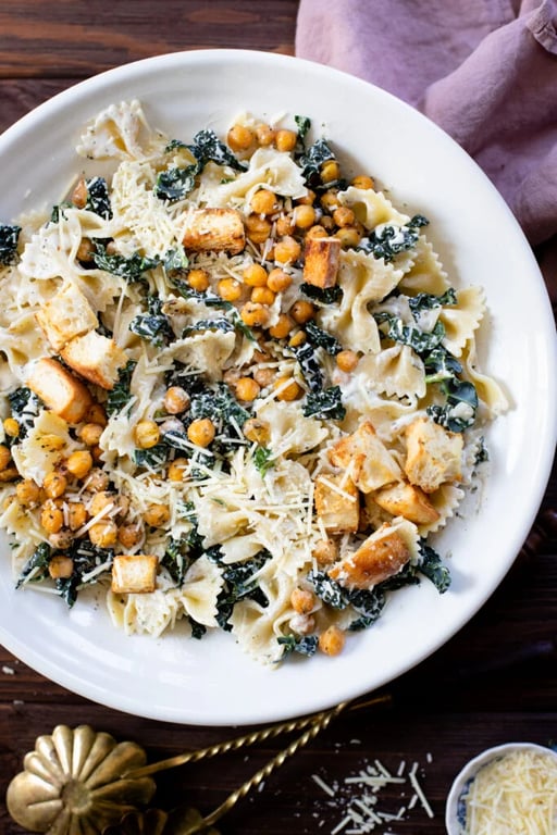 Kale pasta ceasar salad w/ roast chickpeas/chicken