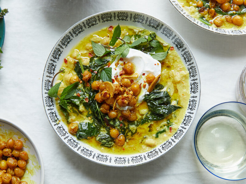 Curried Chickpea Stew with coconut, turmeric, kale