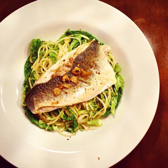 Oven roasted Seabass with creamy pasta