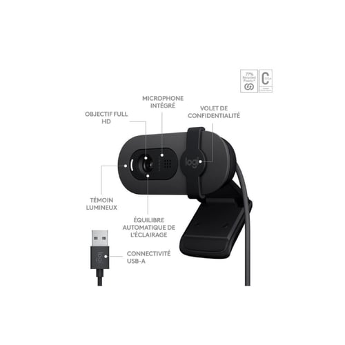 Webcam - Full HD 1080p - LOGITECH - Brio 100 - Microphone intégré - Graphite - (960-001585)