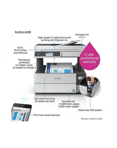 IMPRIMANTE À RÉSERVOIRS RECHARGEABLES EPSON ECOTANK L6490 A4 (C11CJ88404)