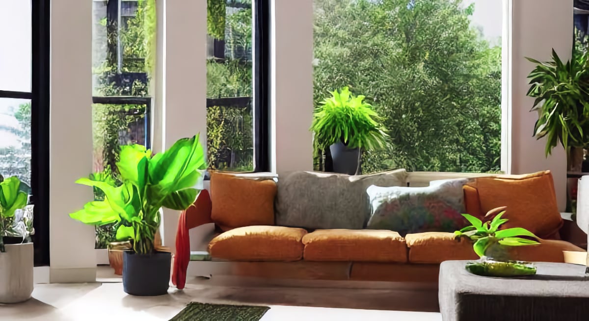 Plants on table in front of livingroom window