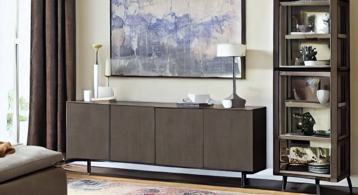 credenza in living room with large window