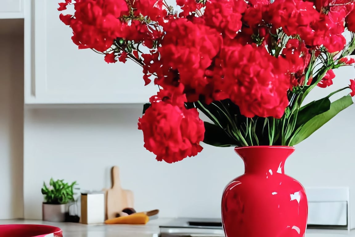 red flowers on kitchen counter