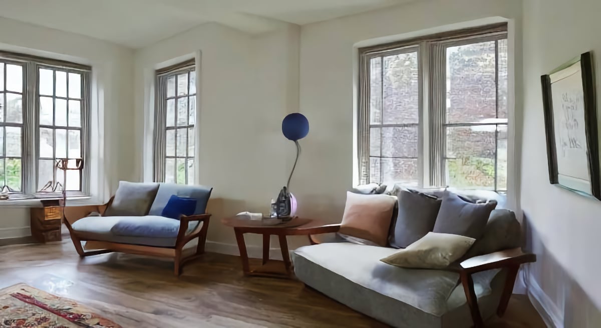 reading chair in living room with large window
