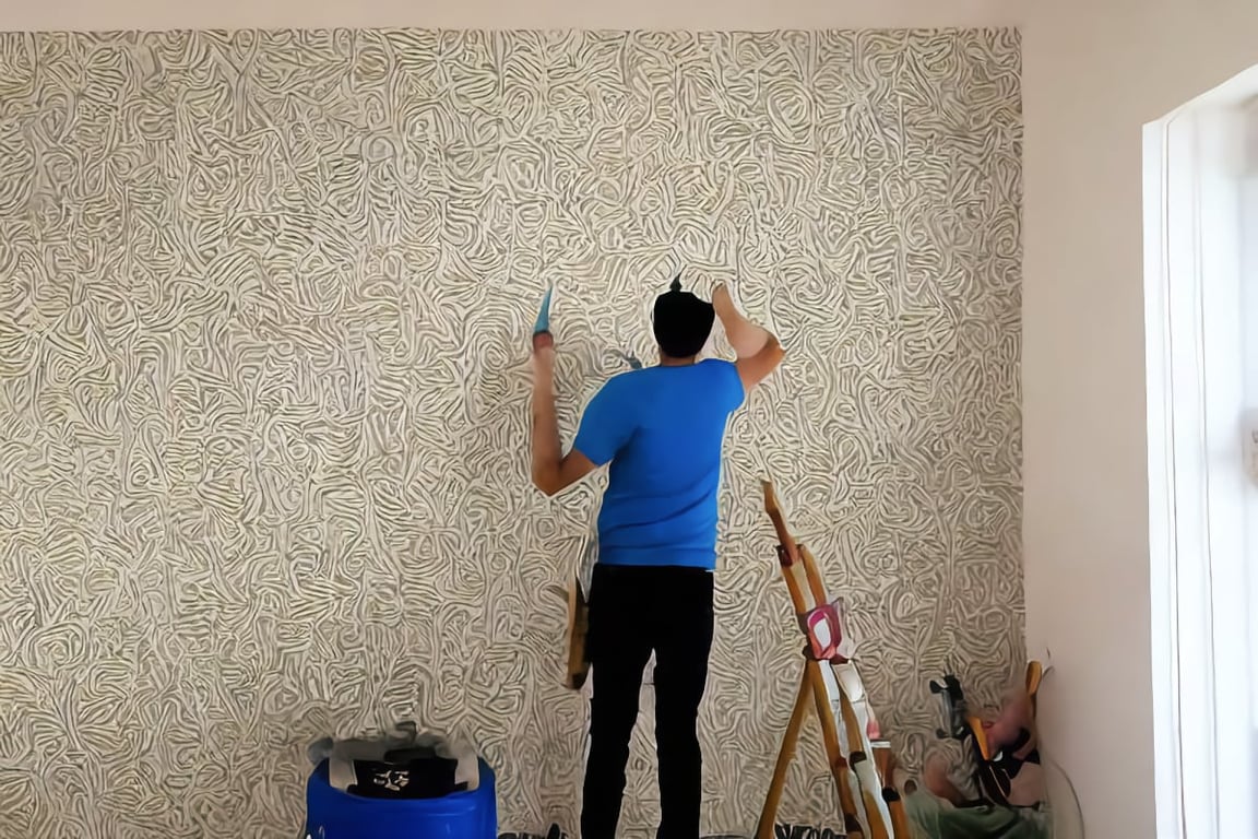 Man painting wallpaper wall