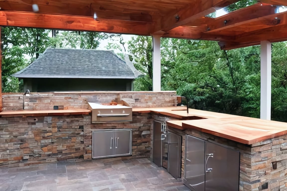 wooden outdoor kitchen countertops on a rainy day