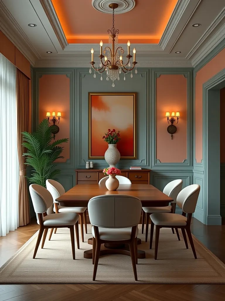 3D rendered dining room with various paint and lighting combinations