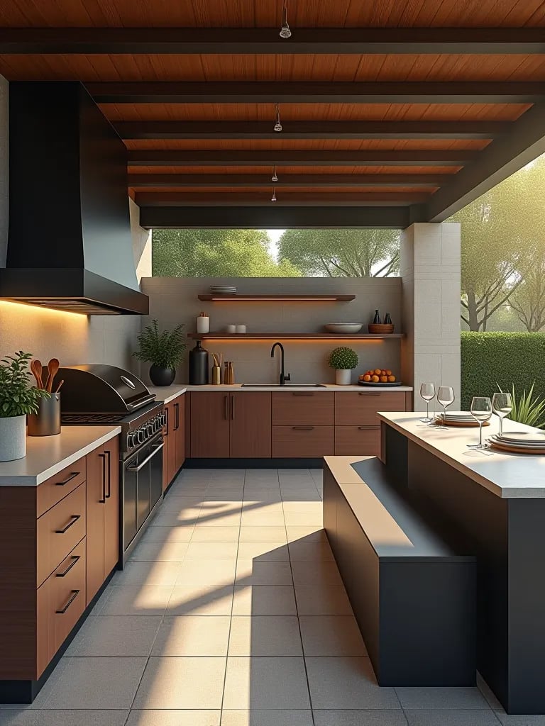 3D rendering of outdoor kitchen layout with multiple zones