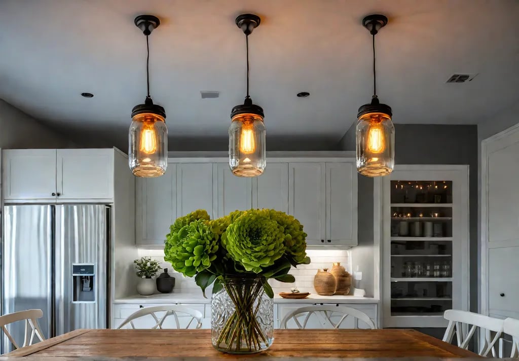 A brightly lit kitchen table with a centerpiece of repurposed mason jarsfeat