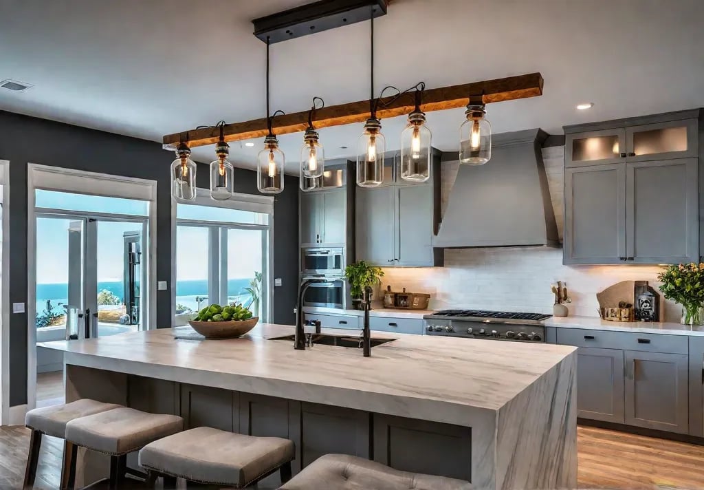 A brightly lit modern kitchen with a large kitchen island Above thefeat