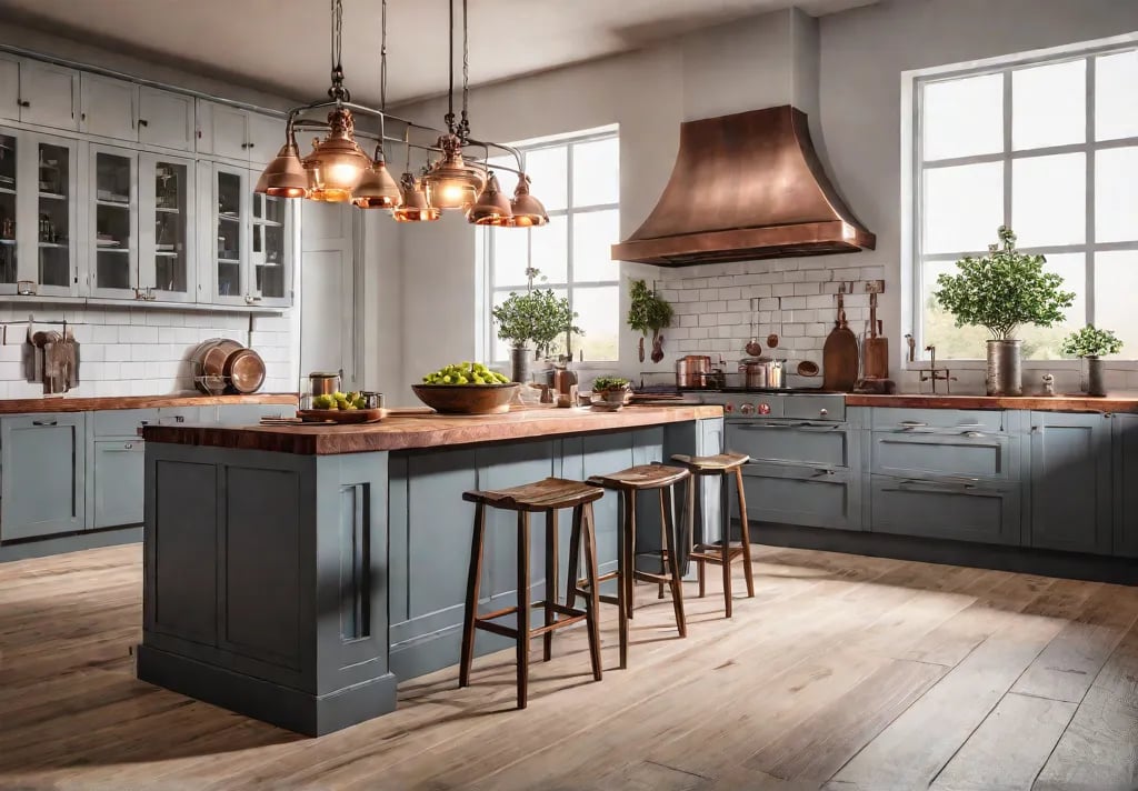 A modern farmhouse kitchen bathed in warm inviting light from a dimmerfeat