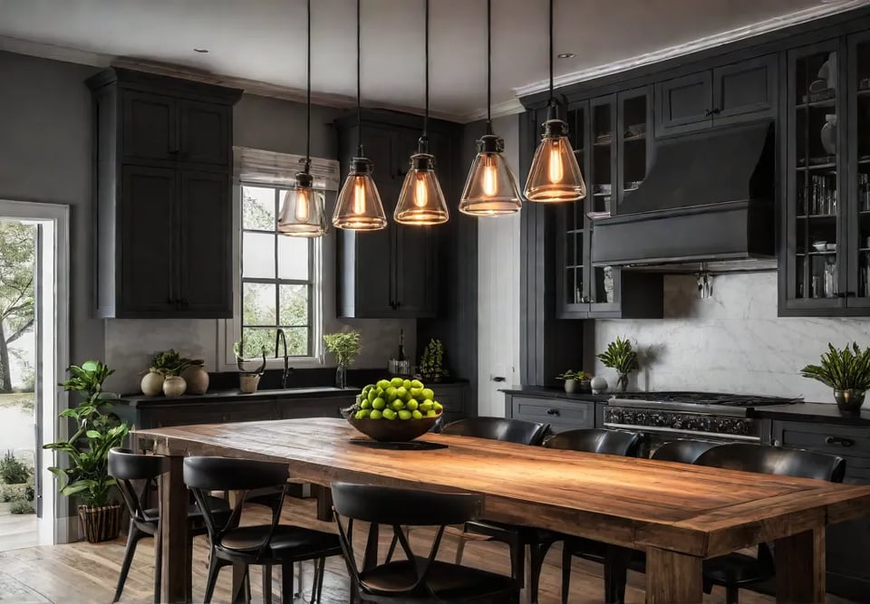 A modern farmhouse kitchen with white cabinets black countertops and a rusticfeat