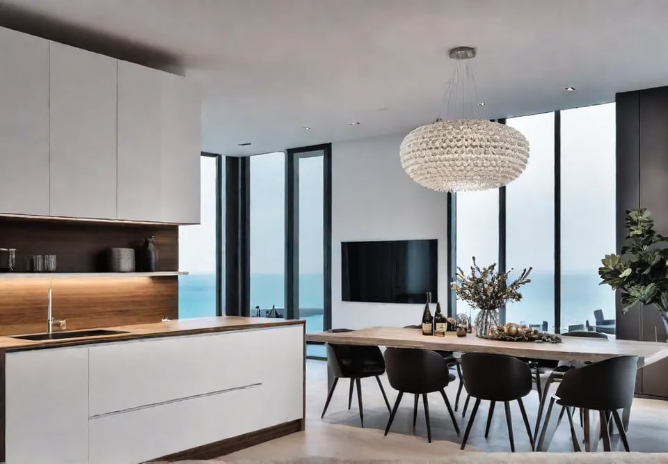 A stunning kitchen with a focus on the dining area showcasing howfeat