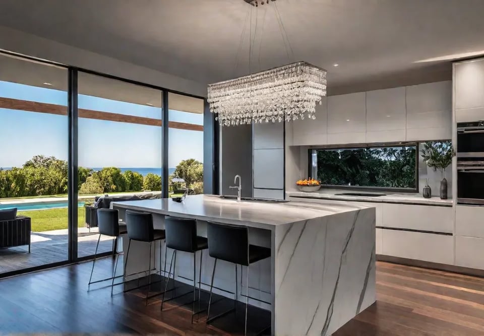 A stunning modern kitchen with sleek cabinetry marble countertops and a dramaticfeat
