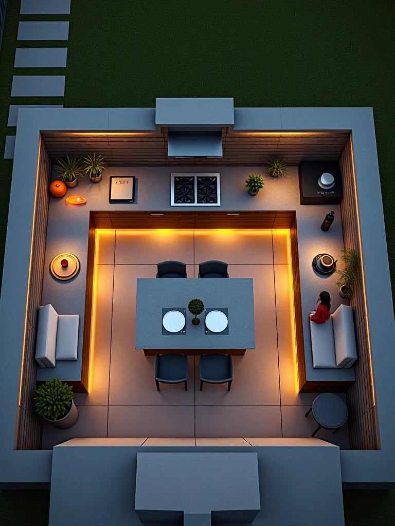Aerial view of U shaped outdoor kitchen layout with island