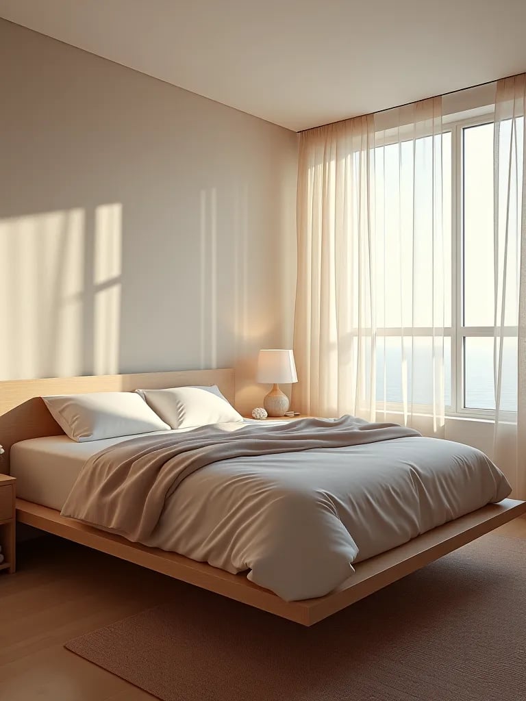 Airy small bedroom with floating platform bed