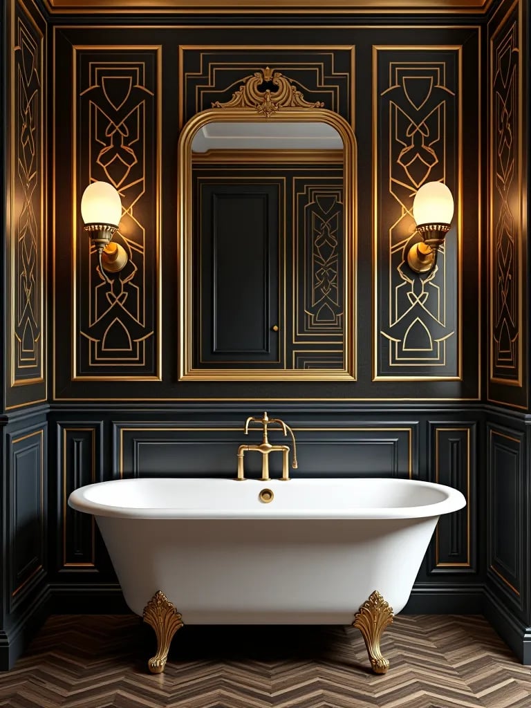 Art deco bathroom with gold and black geometric wallpaper