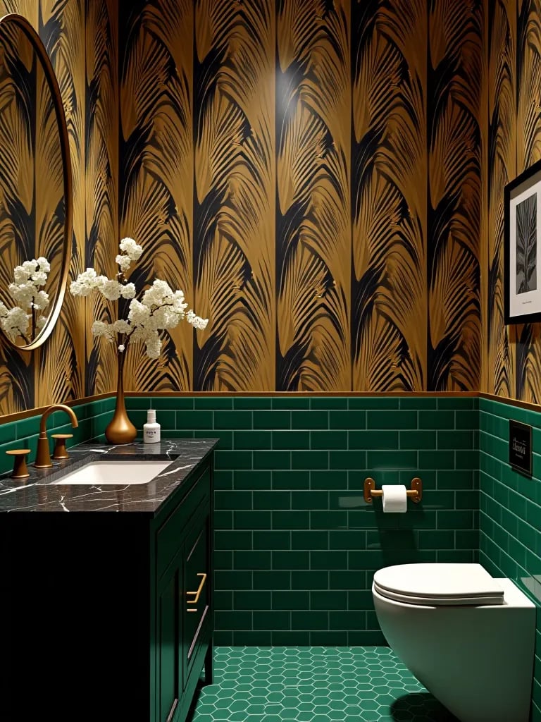 Art deco bathroom with gold and black wallpaper and green tiles