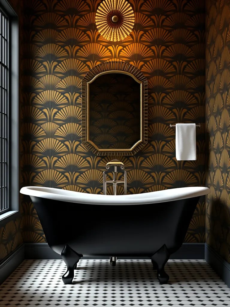 Art deco bathroom with gold and black wallpaper