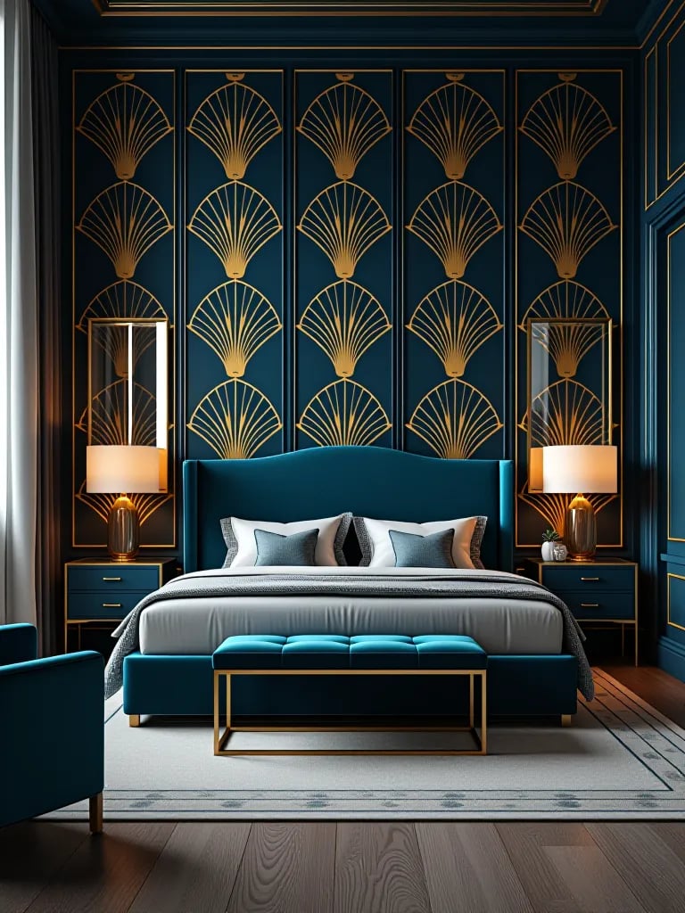 Art deco bedroom with gold and blue geometric wallpaper