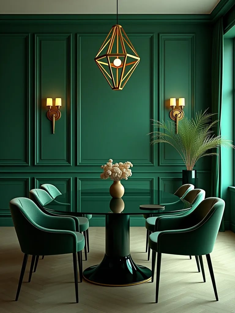 Art deco dining room with emerald green walls and gold accents