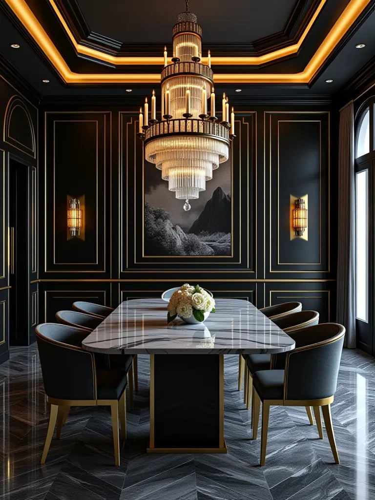 Art deco dining room with high gloss black walls and gold accents