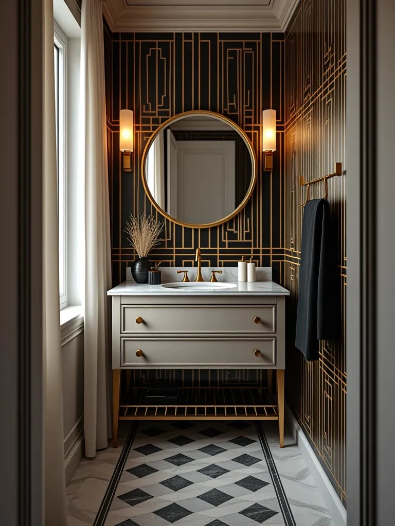 Art deco small bathroom with gold and black geometric wallpaper