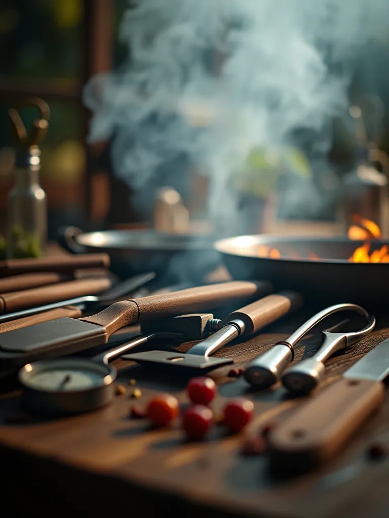 Artfully arranged outdoor cooking tools and accessories