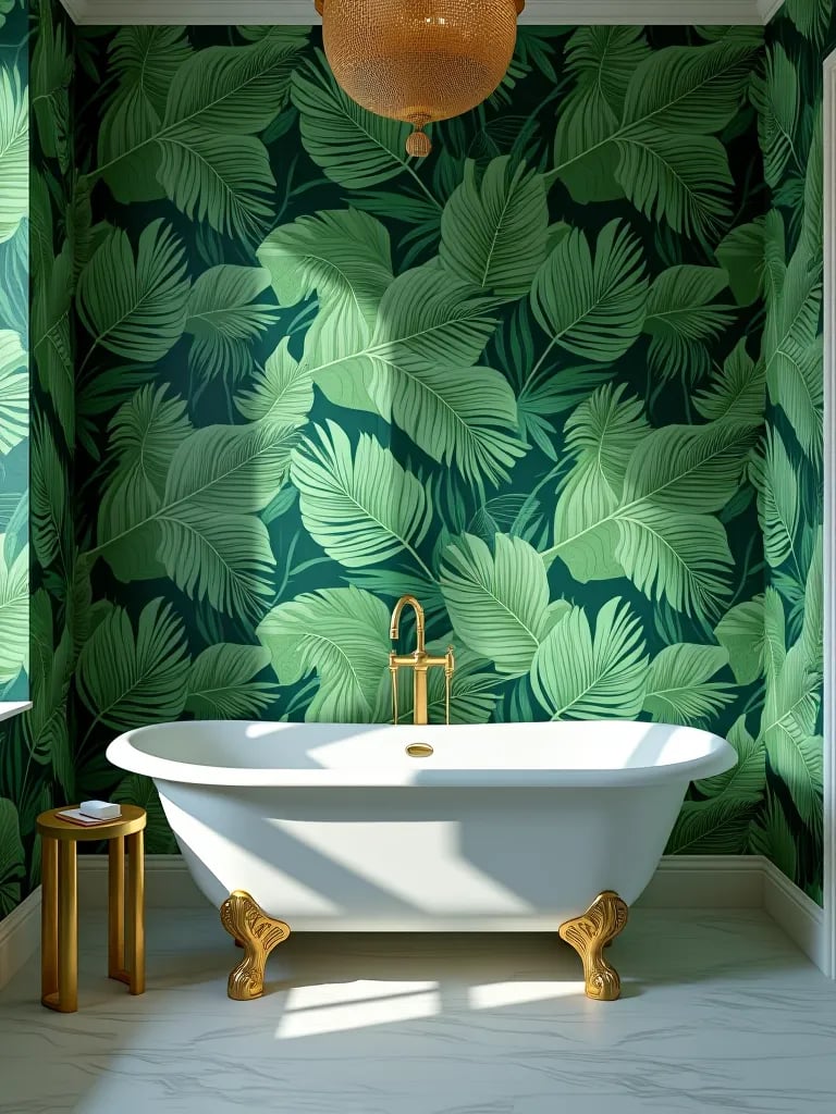 Artistic bathroom design with tropical wallpaper