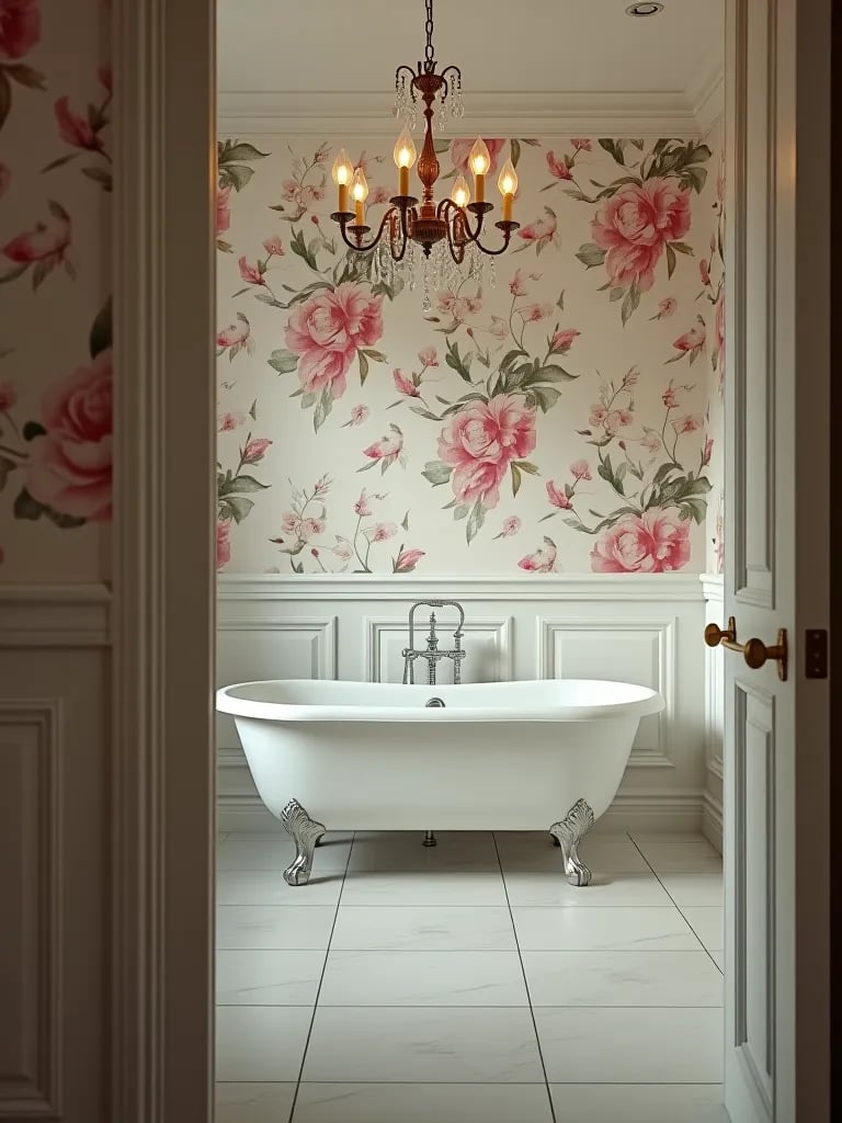 Artistic bathroom design with watercolor wallpaper