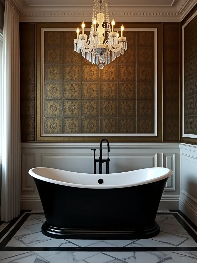 Artistic bathroom featuring gold wallpaper and crystal chandelier