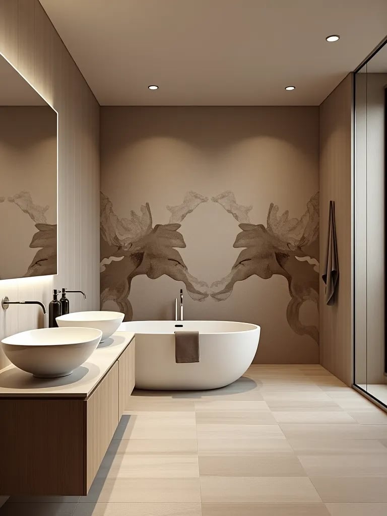 Artistic bathroom featuring large scale abstract wallpaper and floating vanity
