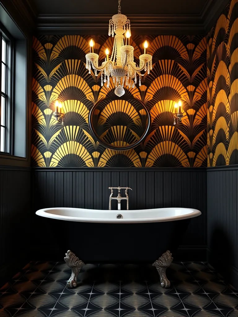 Artistic bathroom with fan patterned wallpaper and chandelier