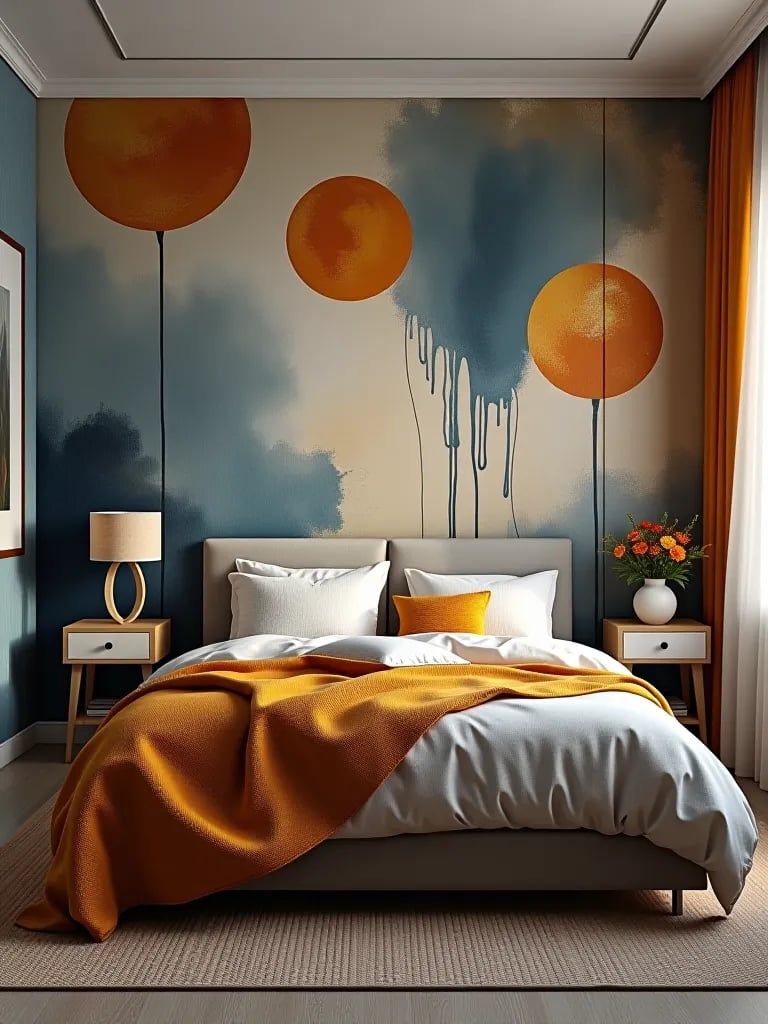 Artistic bedroom with abstract mural wallpaper