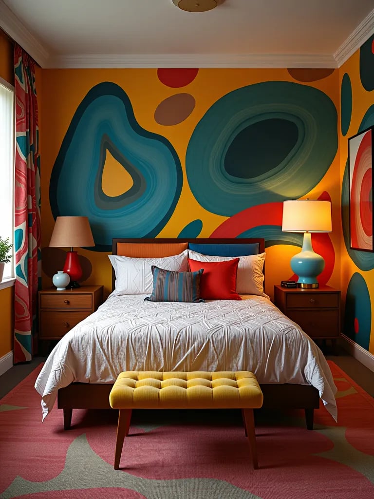 Artistic bedroom with bold abstract wallpaper