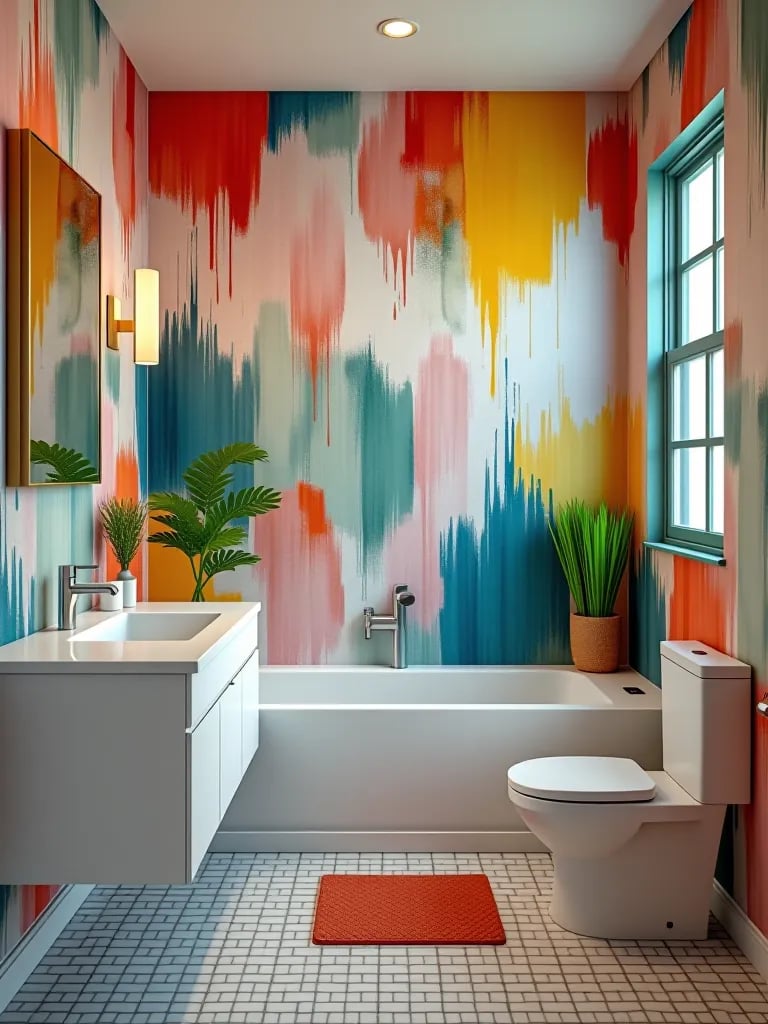 Artistic brush stroke removable wallpaper in bright bathroom
