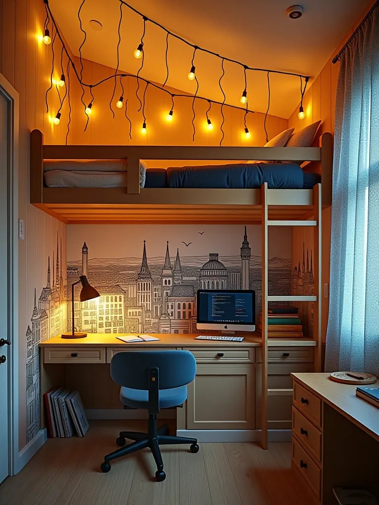 Artistic compact bedroom featuring hand drawn wallpaper and space saving furniture