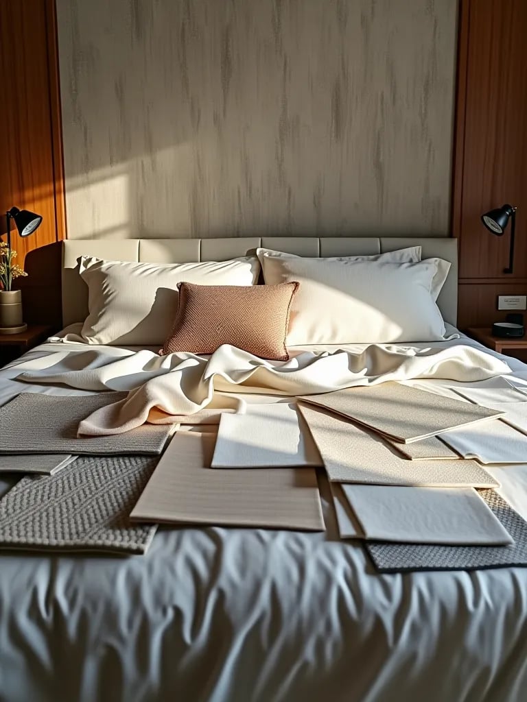 Assortment of modern wallpaper samples on bed