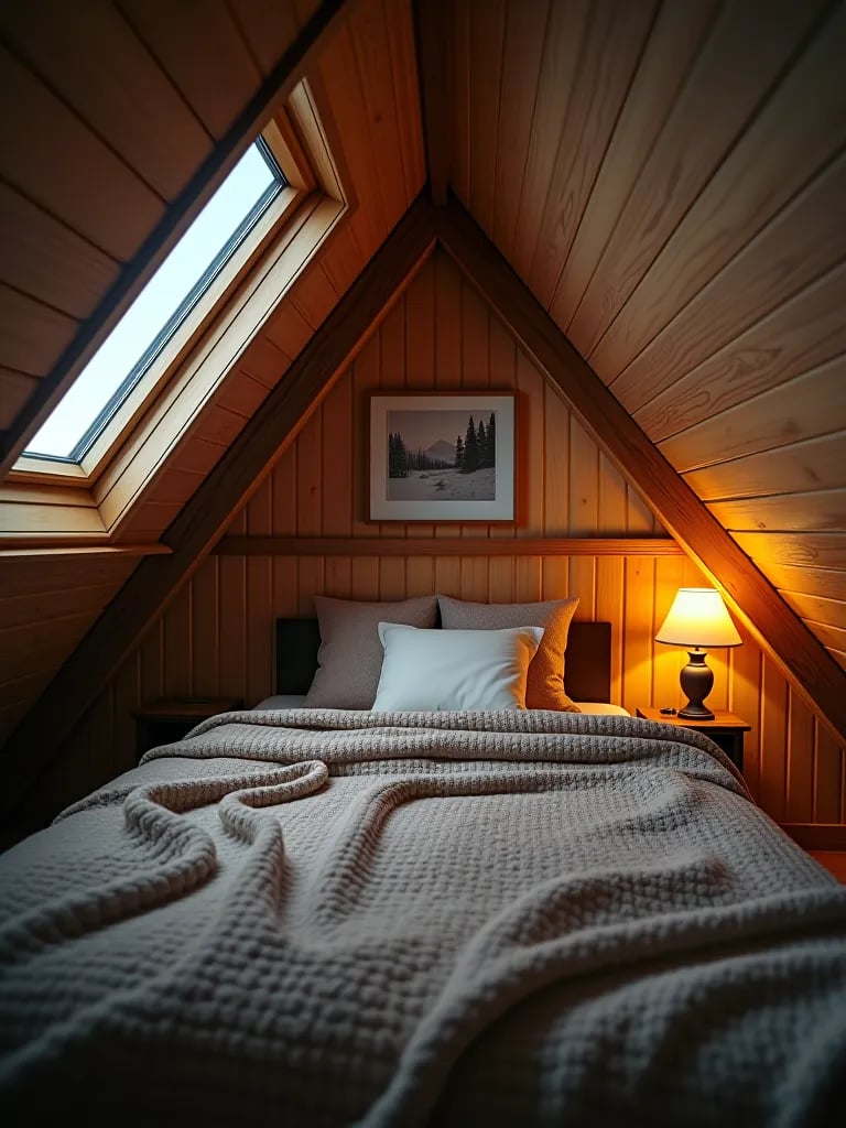 Attic bedroom with skylight and cozy textures